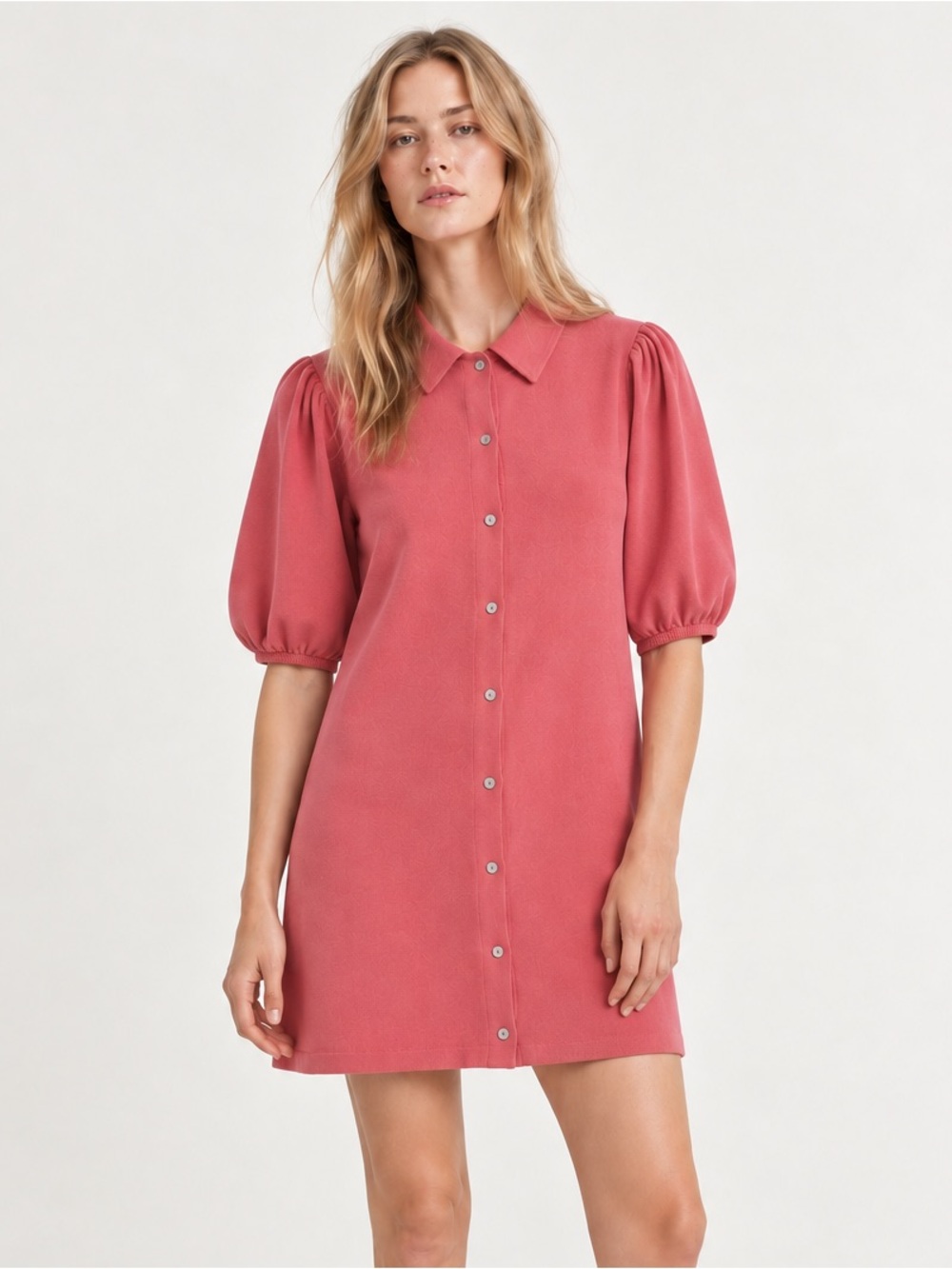 ZARA Rose Pink Puff Sleeve Button Front Mini Dress Small Retro Mod Feminine